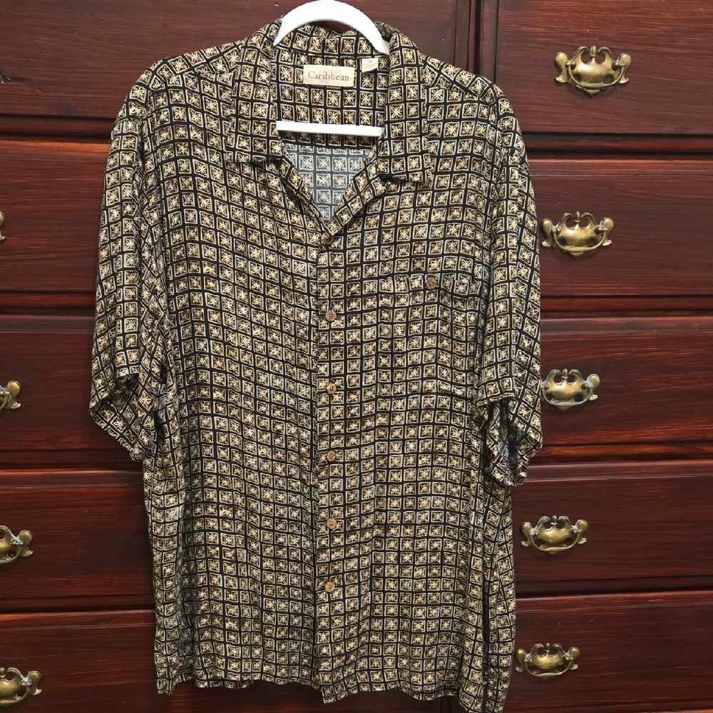 Caribbean Joe Black and Cream Short Sleeve Button Down Shirt Size XL